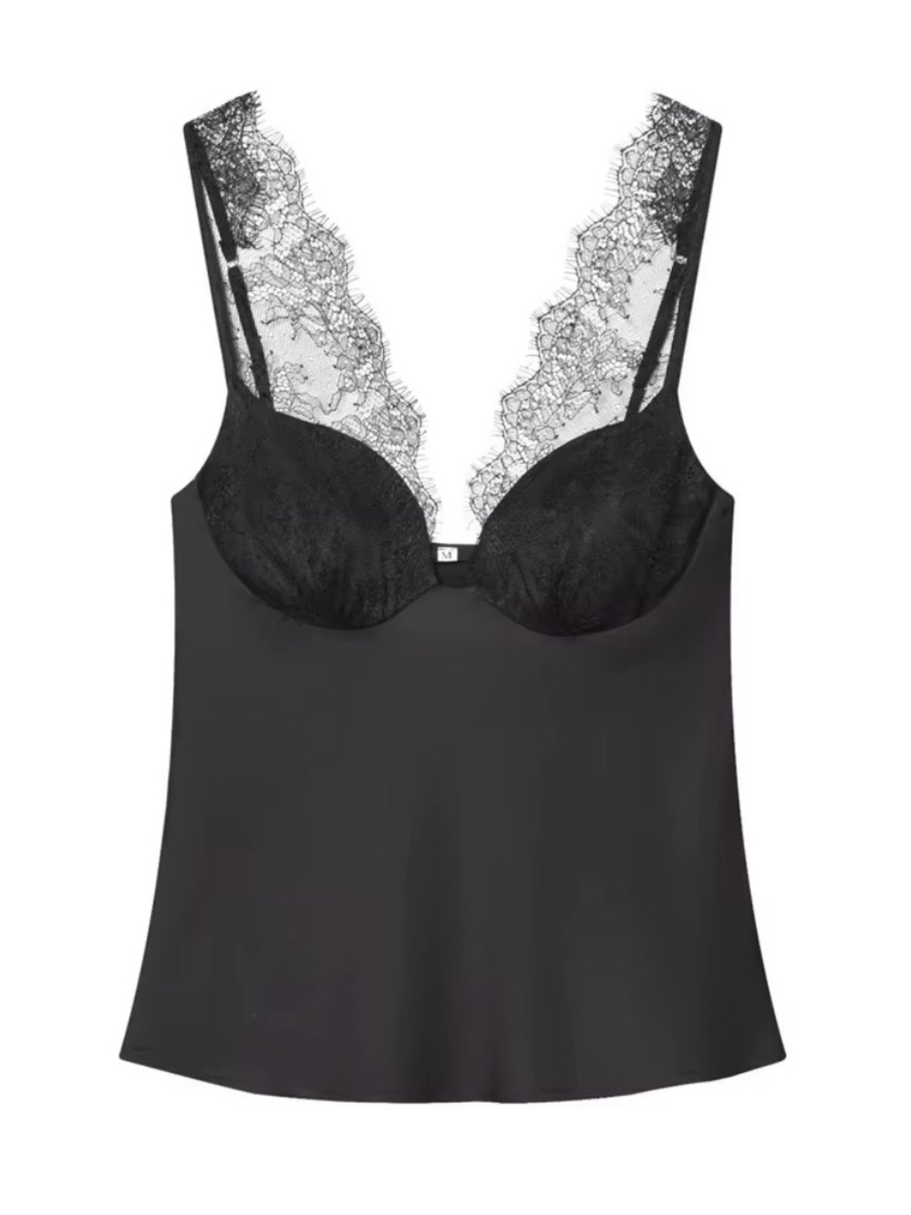 NWT - Lace Camisole Silk Like Black Slip with Plunging Lace Cups - Zara Like